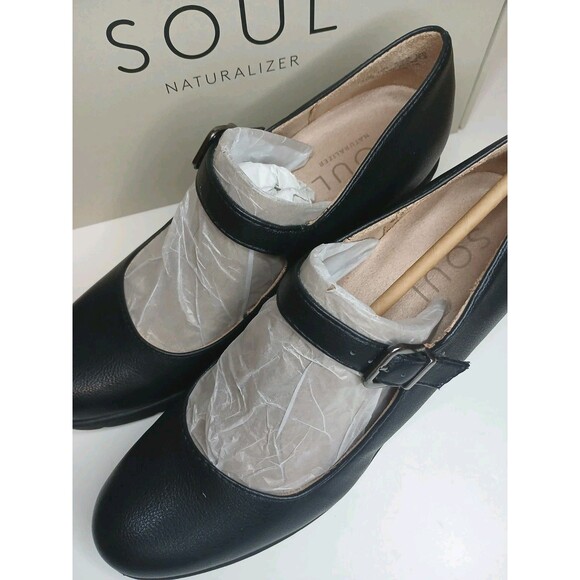 Soul Naturalizer Sz 9.5 Adore Black Tumble Faux Leather Mary Jane Wedge Heels - Picture 3 of 14